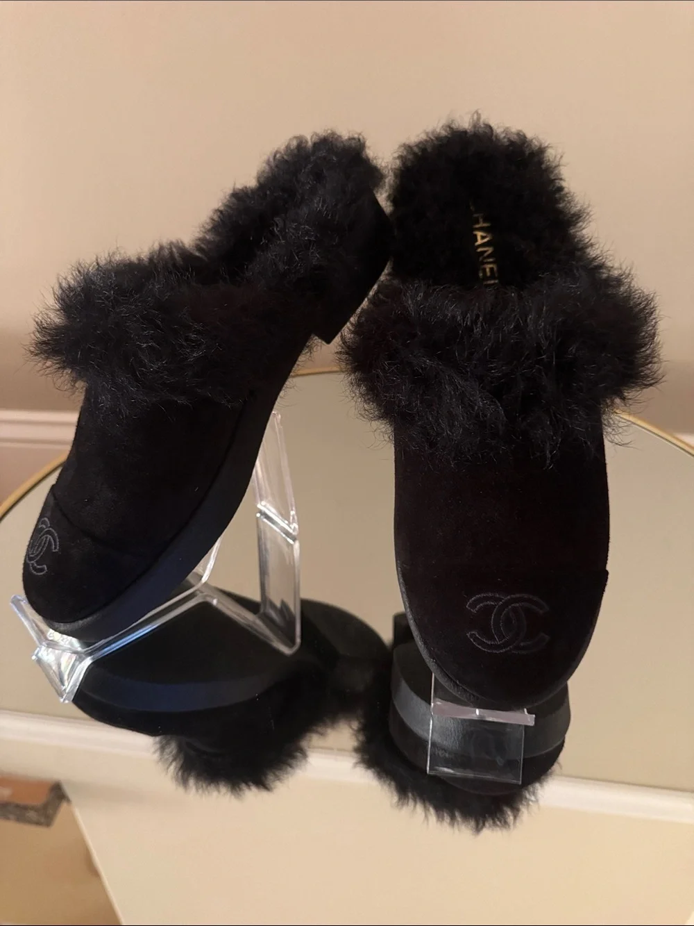Chanel Black Suede Real Fur Shearling Clogs Mules Sz 40
